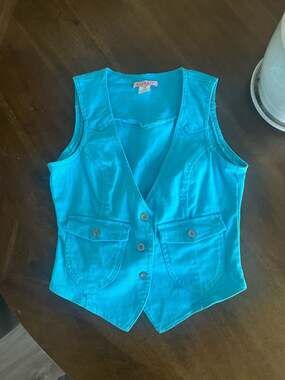 Supré Vintage Turquoise Blue Denim Cropped Vest Waistcoat